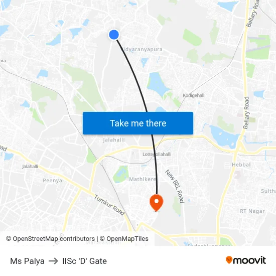 Ms Palya to IISc 'D' Gate map