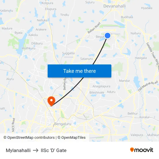 Mylanahalli to IISc 'D' Gate map