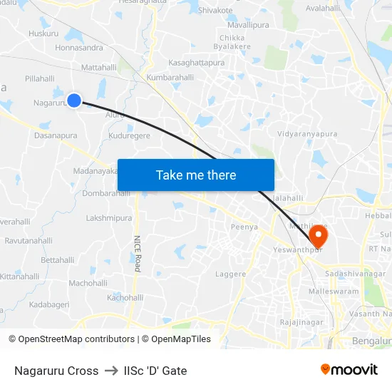Nagaruru Cross to IISc 'D' Gate map