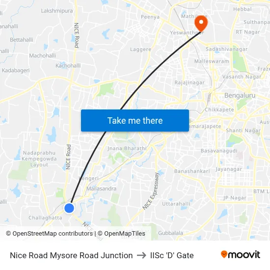 Nice Road Mysore Road Junction to IISc 'D' Gate map