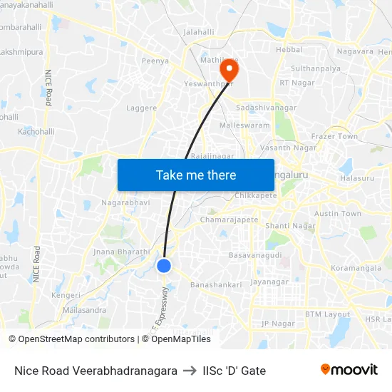 Nice Road Veerabhadranagara to IISc 'D' Gate map