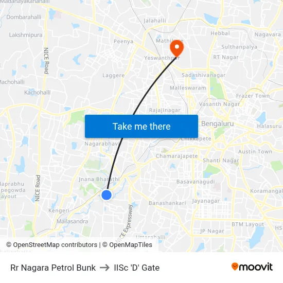 Rr Nagara Petrol Bunk to IISc 'D' Gate map