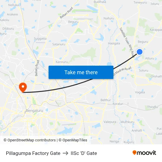 Pillagumpa Factory Gate to IISc 'D' Gate map