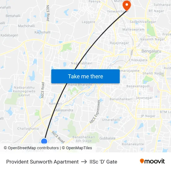 Provident Sunworth Apartment to IISc 'D' Gate map