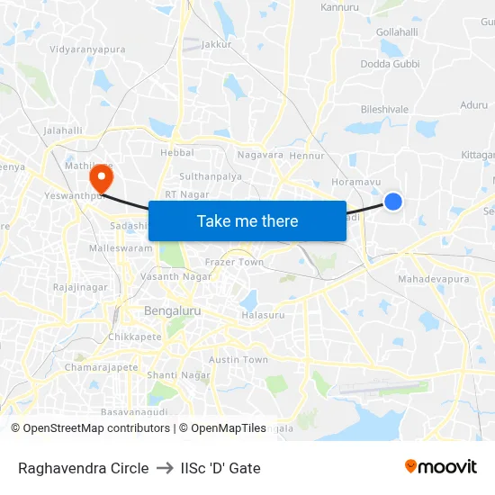 Raghavendra Circle to IISc 'D' Gate map