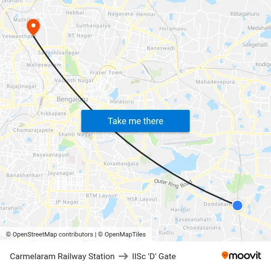 Carmelaram Railway Station to IISc 'D' Gate map