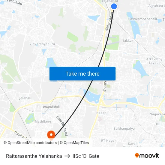 Raitarasanthe Yelahanka to IISc 'D' Gate map