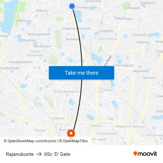 Rajanukunte to IISc 'D' Gate map