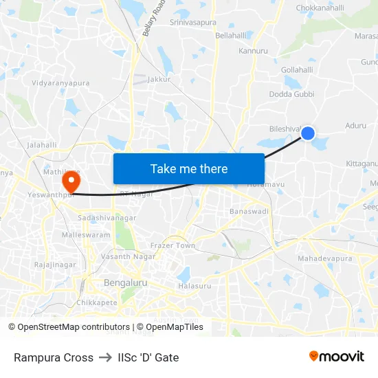 Rampura Cross to IISc 'D' Gate map