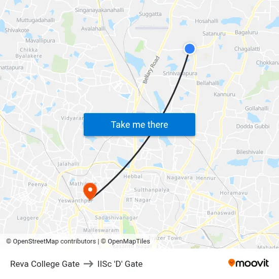 Reva College Gate to IISc 'D' Gate map