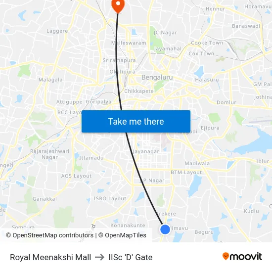 Royal Meenakshi Mall to IISc 'D' Gate map