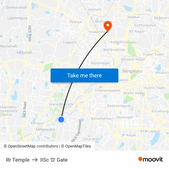 Rr Temple to IISc 'D' Gate map