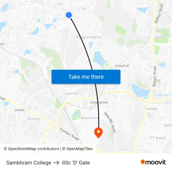 Sambhram College to IISc 'D' Gate map