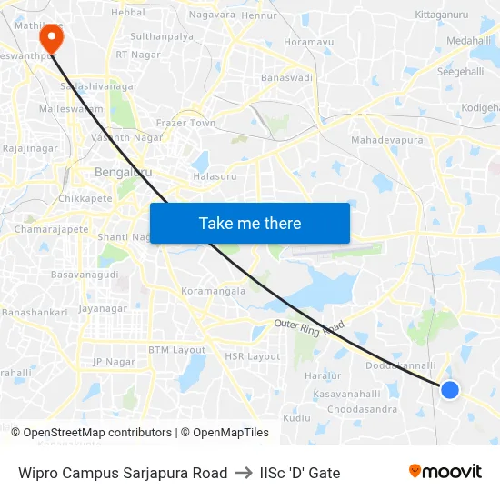 Wipro Campus Sarjapura Road to IISc 'D' Gate map