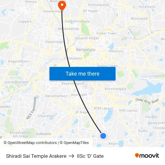 Shiradi Sai Temple Arakere to IISc 'D' Gate map