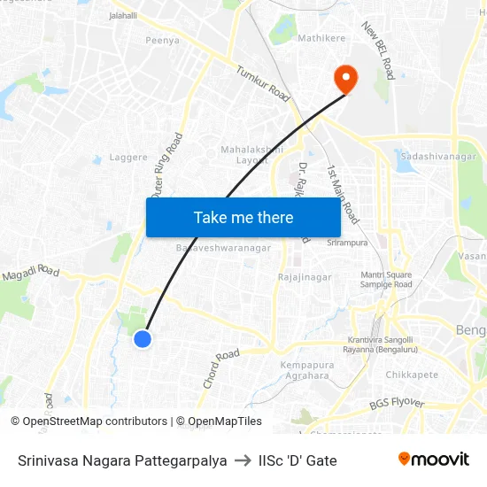 Srinivasa Nagara Pattegarpalya to IISc 'D' Gate map