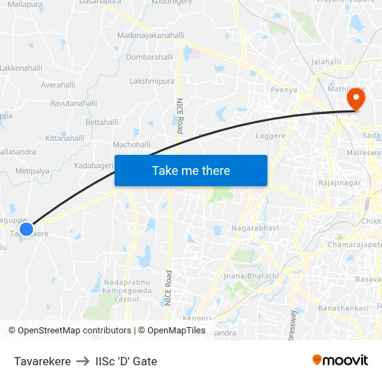 Tavarekere to IISc 'D' Gate map