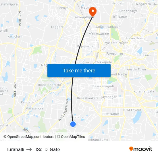 Turahalli to IISc 'D' Gate map