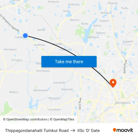 Thippagondanahalli Tumkur Road to IISc 'D' Gate map