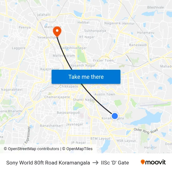 Sony World 80ft Road Koramangala to IISc 'D' Gate map