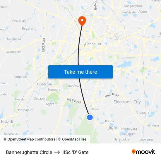 Bannerughatta Circle to IISc 'D' Gate map