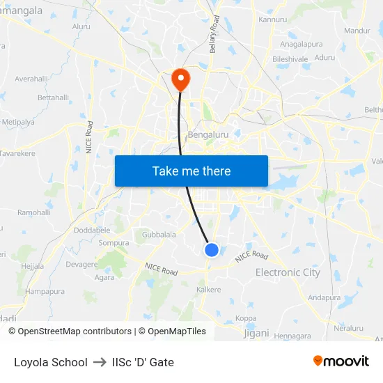 Loyola School to IISc 'D' Gate map