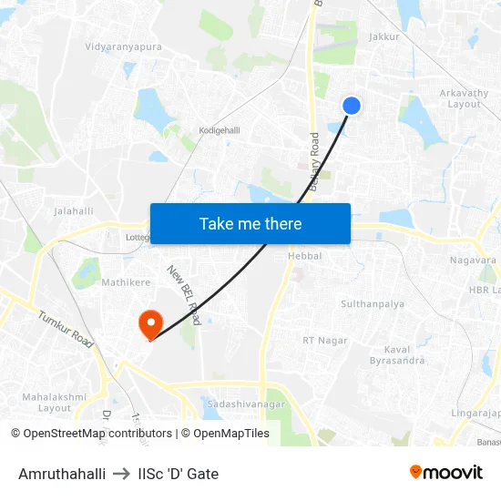 Amruthahalli to IISc 'D' Gate map