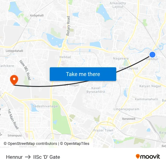 Hennur to IISc 'D' Gate map