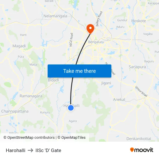 Harohalli to IISc 'D' Gate map