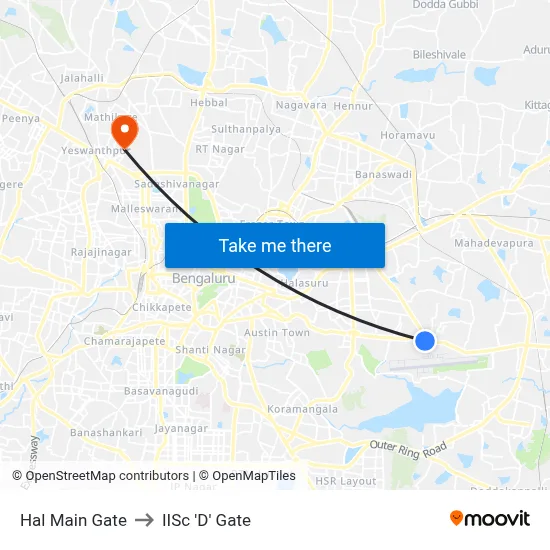 Hal Main Gate to IISc 'D' Gate map