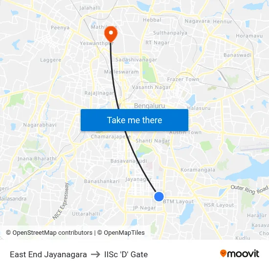 East End Jayanagara to IISc 'D' Gate map