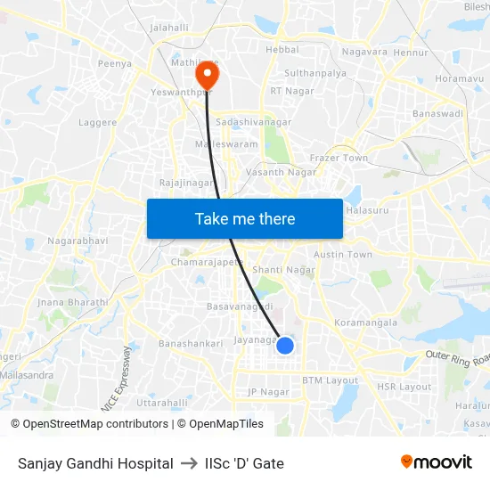 Sanjay Gandhi Hospital to IISc 'D' Gate map
