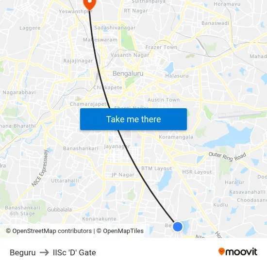 Beguru to IISc 'D' Gate map