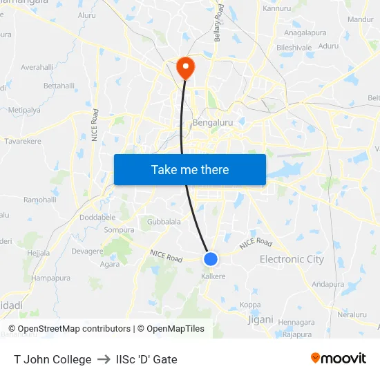 T John College to IISc 'D' Gate map