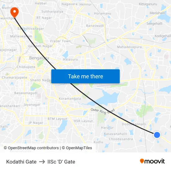 Kodathi Gate to IISc 'D' Gate map