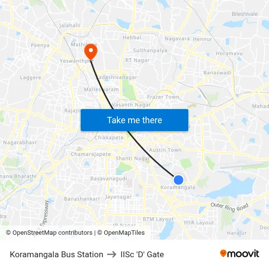 Koramangala Bus Station to IISc 'D' Gate map