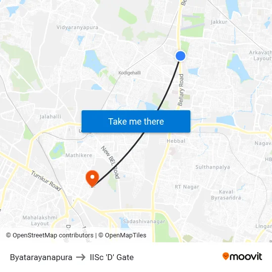 Byatarayanapura to IISc 'D' Gate map