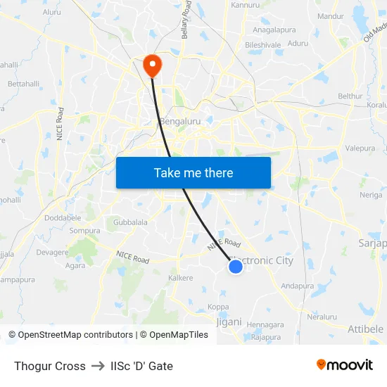 Thogur Cross to IISc 'D' Gate map