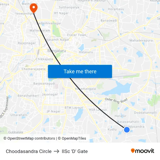 Choodasandra Circle to IISc 'D' Gate map