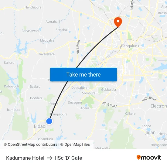 Kadumane Hotel to IISc 'D' Gate map