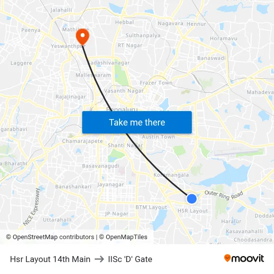 Hsr Layout 14th Main to IISc 'D' Gate map