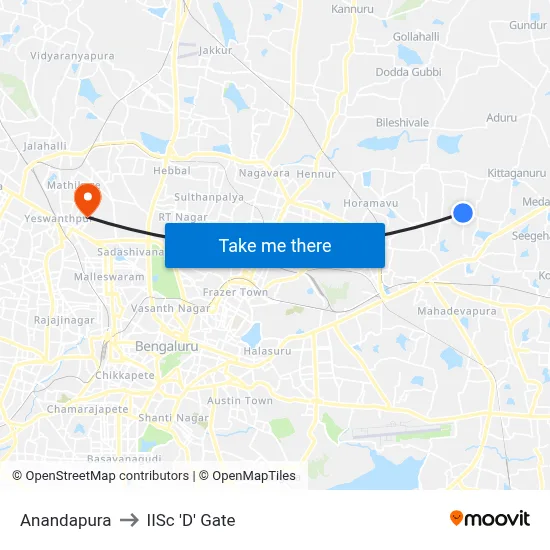 Anandapura to IISc 'D' Gate map