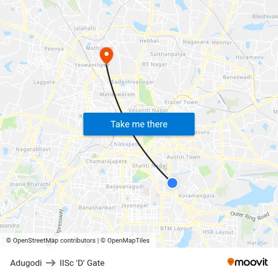 Adugodi to IISc 'D' Gate map