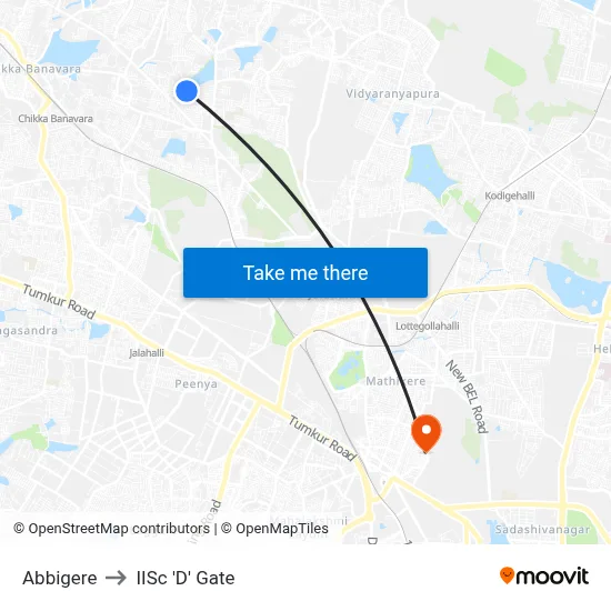 Abbigere to IISc 'D' Gate map