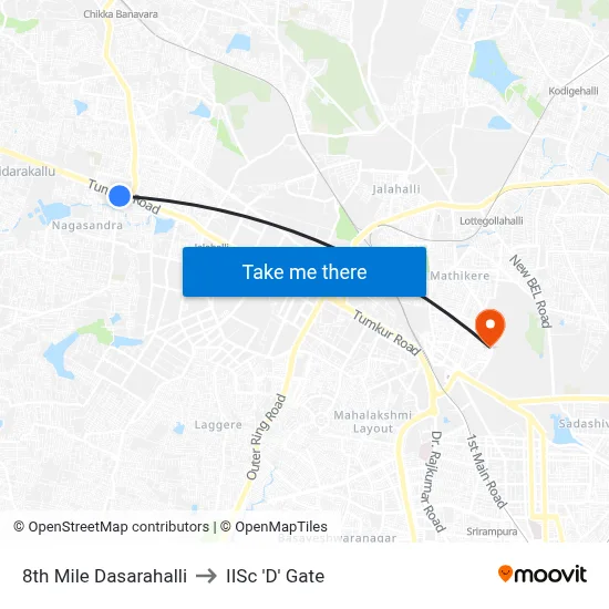 8th Mile Dasarahalli to IISc 'D' Gate map