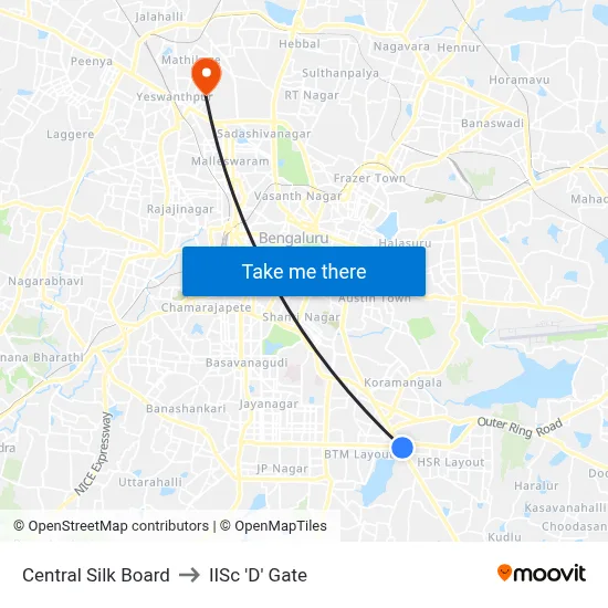 Central Silk Board to IISc 'D' Gate map