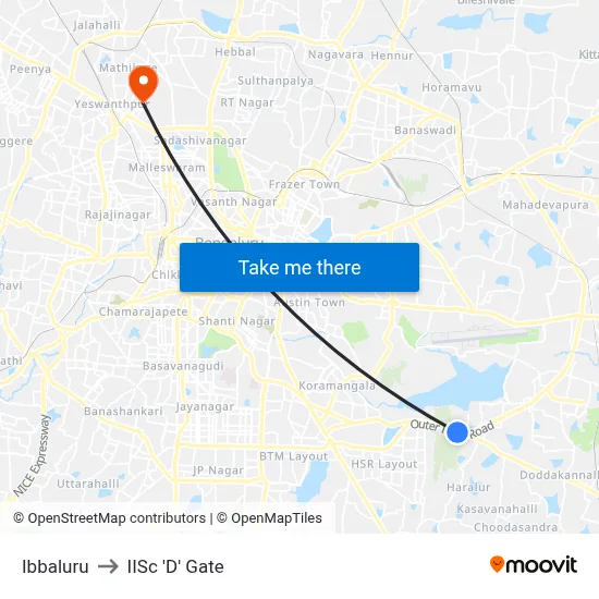 Ibbaluru to IISc 'D' Gate map