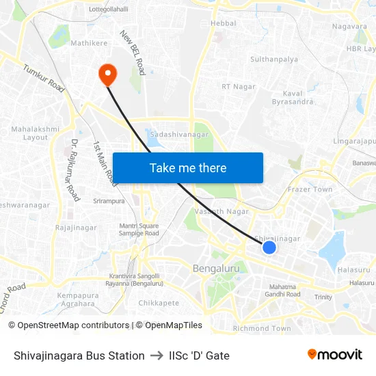 Shivajinagara Bus Station to IISc 'D' Gate map