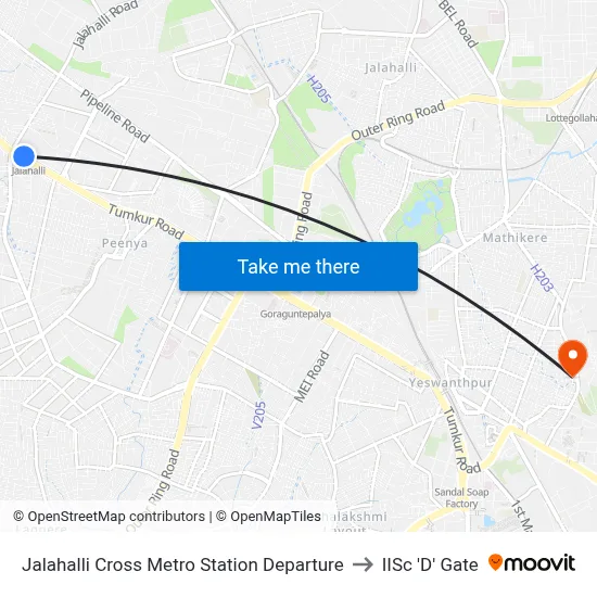 Jalahalli Cross Metro Station Departure to IISc 'D' Gate map