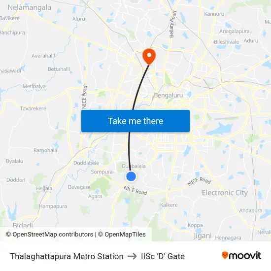 Thalaghattapura Metro Station to IISc 'D' Gate map